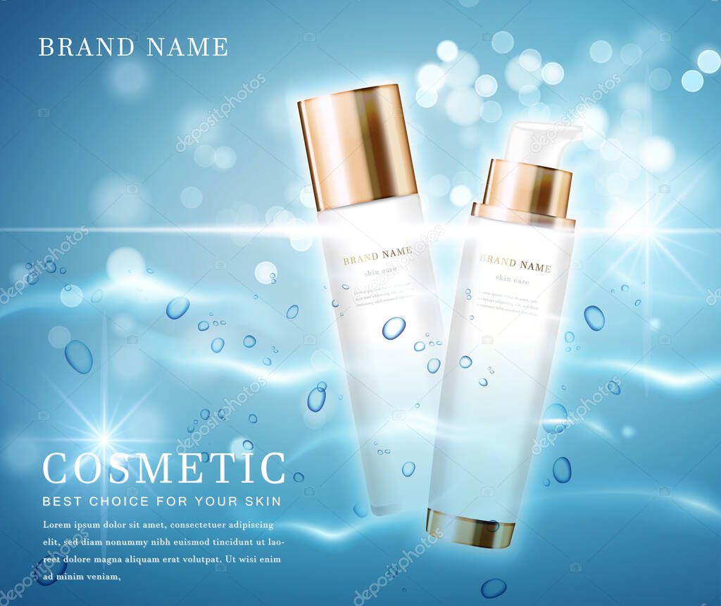 3D elegant cosmetic bottle container with shiny water glimmering background template banner.