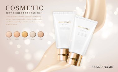 Vektör 3 boyutlu makyaj malzemesi. İllüstrasyon temel ürün şişesi. Kremsi, zarif arka planı var.