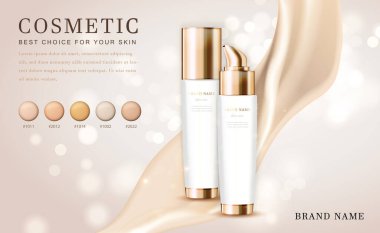 Vektör 3 boyutlu makyaj malzemesi. İllüstrasyon temel ürün şişesi. Kremsi, zarif arka planı var.