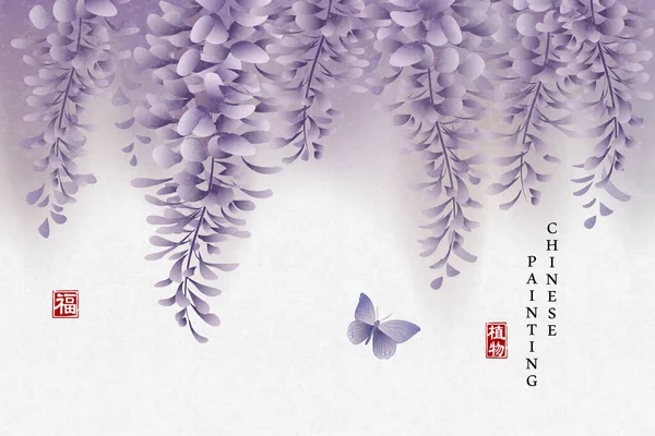 Tinta Chinesa Pintura Arte Fundo Planta Flor Elegante Chinês Wisteria —  Vetores de Stock