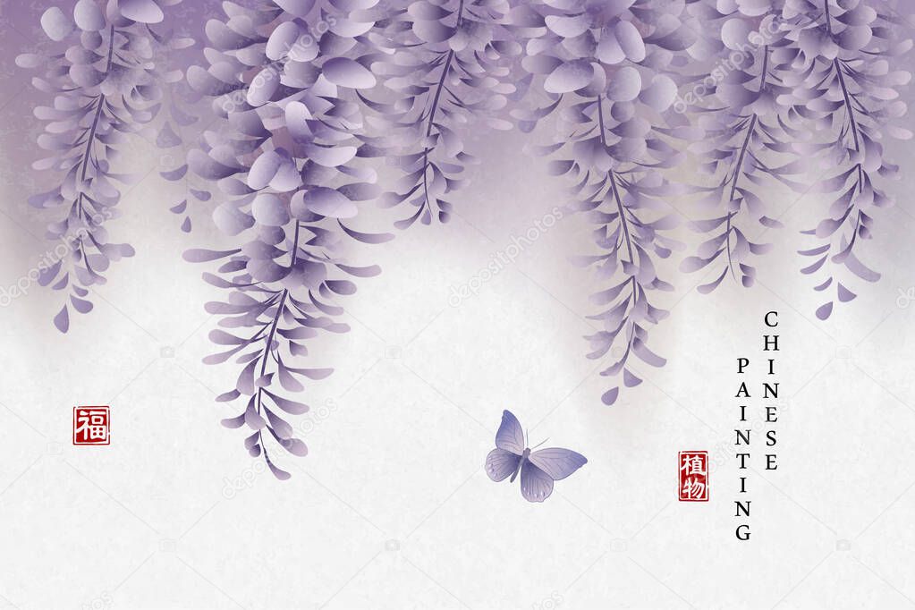 Chinese ink painting art background plant elegant flower Chinese Wisteria and butterfly. Chinese translation : Plant and Blessing.