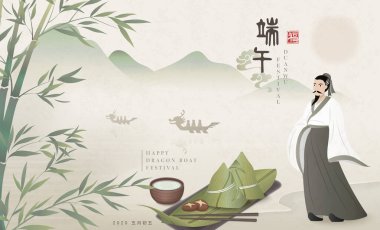 Mutlu Ejder Gemisi Festivali arka plan şairi Qu Yuan ve geleneksel pirinç hamurlu bambu çayı. Çince çeviri: Duanwu 5 Mayıs ve Lütuf