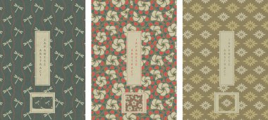 Japon tarzı soyut, dikdörtgen desenli, yusufçuk desenli çiçek ve erik çiçeği amblemi.