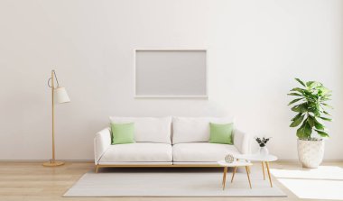 Modern iç planda yatay çerçeve oluşturuldu. İskandinav tarzı. Parlak ve rahat oturma odası arka planı. Beyaz duvarlı oturma odası ve kontrastlı yastıklı kanepe. 3d hazırlayıcı