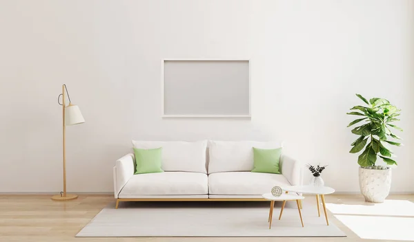 Mock up horizontale Rahmen in modernen Innenraum Hintergrund. skandinavischen Stil. helle und gemütliche Wohnzimmer Interieur Hintergrund. Wohnzimmer mit weißer Wand und Sofa mit Kontrastkissen. 3D-Darstellung — Stockfoto