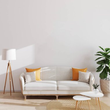 Modern oturma odası arka planı, İskandinav tarzı, 3D çizim. Oturma odası modeli..