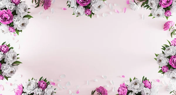 Fondo Rosa Claro Con Peonías Blancas Moradas Pétalos Flores Desde —  Fotos de Stock