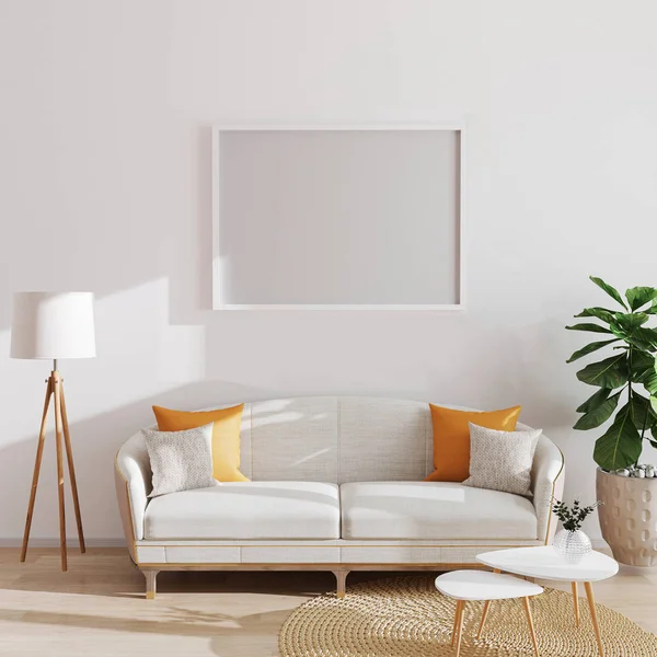 Mock up horizontale Plakat oder Bild Rohrahmen in modernen minimalistischen Innenraum Hintergrund, skandinavischen Stil, 3D-Illustration — Stockfoto