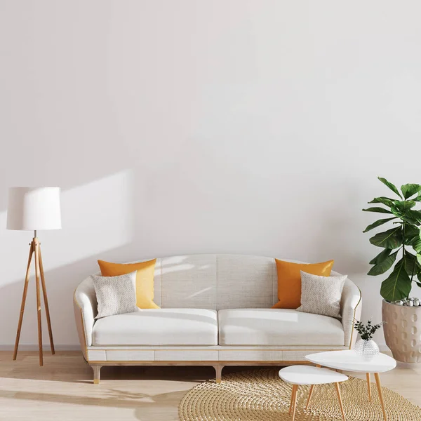 Modern oturma odası arka planı, İskandinav tarzı, 3D çizim. Oturma odası modeli..