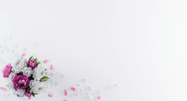 Beyaz arka planda şakayık ve çiçek yapraklarından oluşan bir buket. Sevgililer günü, doğum günü, anneler günü modeli. Çiçek buketli tebrik kartı. Düz yatıyordu. 3d oluşturma