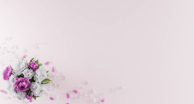 Beyaz arka planda şakayık ve çiçek yapraklarından oluşan bir buket. Sevgililer günü, doğum günü, anneler günü modeli. Çiçek buketli tebrik kartı. Düz yatıyordu. 3d oluşturma