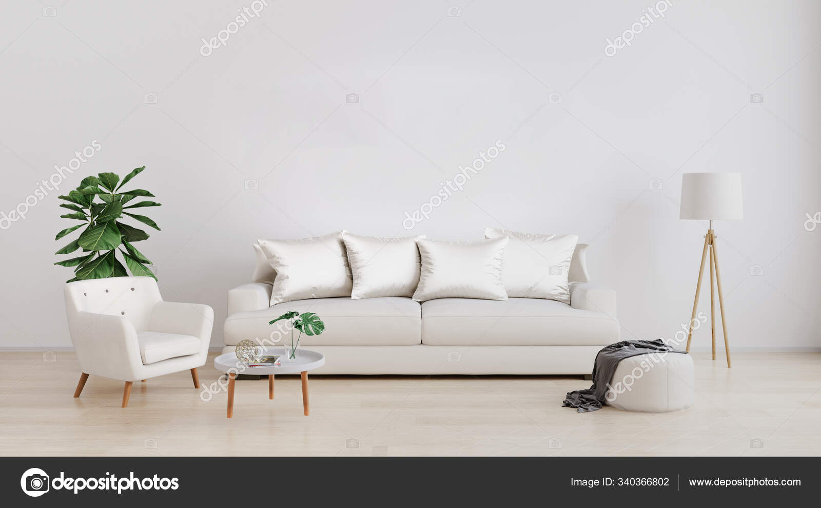 Stylish Interior Of Bright Living Room With White Sofa And Armchair Floor Lamp Plant Coffee Table Decoration Mockup Modern Design Daylight 3d Rendering Stock Stylish Interior Of Bright Living Room, Bright Daylight Floor Lamp