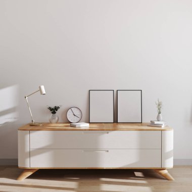 Blank photo frames in modern scandinavian style interior on beautiful chest of drawers with white wall and bright room. Photo frames in interior mockup, poster or picture frames, 3d rendering