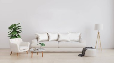 Stylish interior of bright living room with white sofa and armchair, floor lamp, plant and coffee table with decoration. Living room interior mockup. Modern design room with bright daylight. 3d rendering