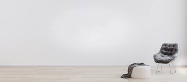 Room with white wall and wooden floor with white pouf and grey modern armchair. Bright room interior mockup. Empty room for mockup. 3d rendering.