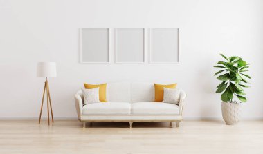 Three blank poster frame in bright modern living room with white sofa, floor lamp and green plant on wooden laminate. Scandinavian style, cozy interior background. Bright stylish room mockup.3d render