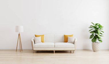Bright modern living room with white sofa, floor lamp and green plant on wooden laminate. Scandinavian style, cozy interior background. Bright stylish room mockup. 3d render