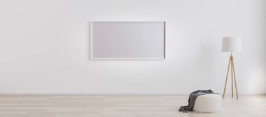 Bright room interior with horizontal blank frame for mockup with wooden floor lamp, white pouf and wooden floor with white wall. Picture frame on white wall. White bright wall mockup. 3d rendering