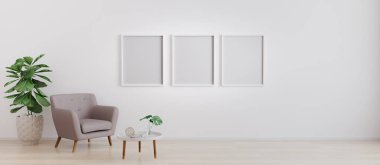 three blank poster frame in bright room with white wall and moderm furniture in scandinavian style for mockup. Living room for mockup. 3d rendering