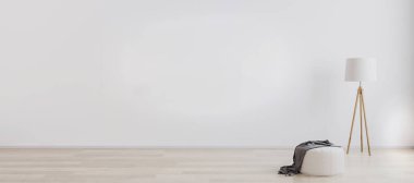 Bright room interior for mockup with wooden floor lamp, white pouf and wooden floor with white wall. Empty room interior design. White bright wall mockup. 3d rendering