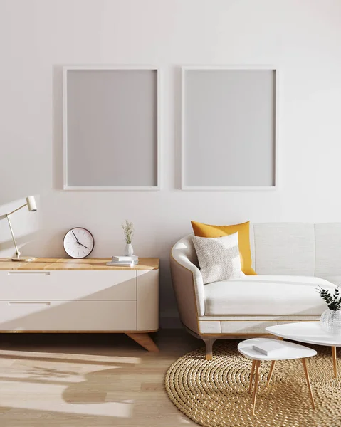 Mockup poster frames in moderne woonkamer interieur achtergrond. Scandinavische stijl, blanco fotolijsten mockup, mooi interieur van het leven, 3d render — Stockfoto