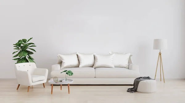 Stylish interior of bright living room with white sofa and armchair, floor lamp, plant and coffee table with decoration. Living room interior mockup. Modern design room with bright daylight. 3d rendering