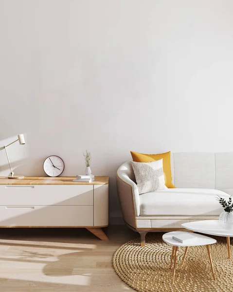 Moderne woonkamer interieur achtergrond. Mockup, woonkamer met witte muur en modern minimalistisch meubilair. Scandinavische stijl, stijlvolle woonkamer interieur. 3d illustratie — Stockfoto