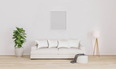 Model için boş poster ve resim çerçevesi. Parlak oturma odası, beyaz kanepe, beyaz modern lamba, bitki. Beyaz duvarlı, ahşap zemin 3D resimli mobilyalı oturma odası. İç tasarım.