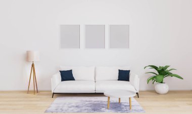 Model için üç boş çerçeve. Koyu mavi yastıklı beyaz kanepeli parlak oturma odası, beyaz modern lamba, bitki, kahve masası. Beyaz duvarı ve ahşap zemini olan mobilyalı oturma odası. 3d illüstrasyon.