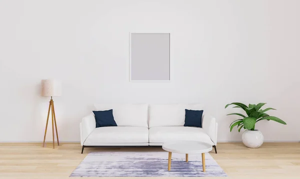 Prázdný rám pro makety. Světlý obývací pokoj s bílou pohovkou s tmavě modrými polštáři, bílá moderní lampa, rostlina, konferenční stolek. Zařízený obývací pokoj s bílou stěnou a dřevěnou podlahou. 3D ilustrace. — Stock fotografie