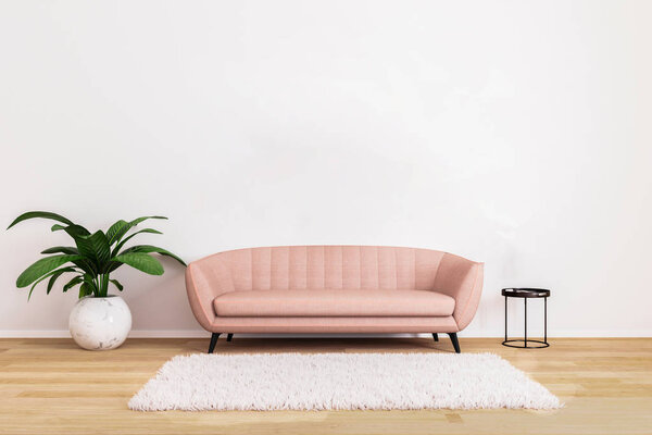 Pink sofa with black coffee table and plant in bright living room with white wall and wooden floor. Living room for mockup.  Bright living room.  3d rendering. Living room interior.  Interior design
