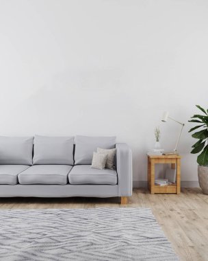 Oturma odasının modern ve minimalist iç mekanı. Kanepe maketi, beyaz duvar ve ahşap zemin, gri halı, modern iç plan, İskandinav tarzı, 3D görüntüleme.