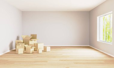 Boş oda, taşınan kutular ve pencereler. Taşınma konsepti. Model için yer var. 3D görüntüleme. Aydınlık duvarları ve ahşap zemini olan oda