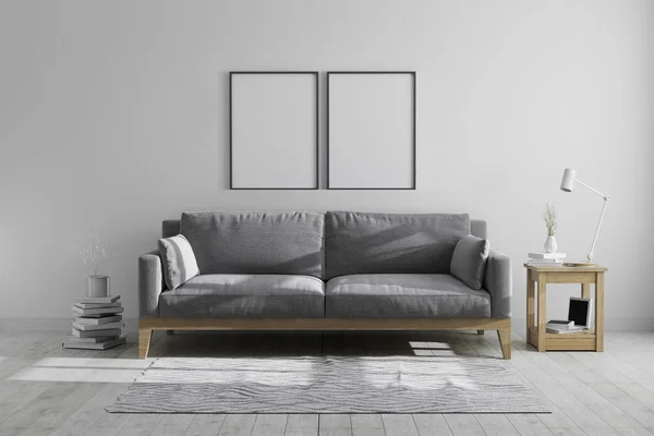 Maqueta de marcos de póster en estilo hipster escandinavo moderno gris tonos fondo interior, marcos en blanco en el interior moderno, 3d renderizado —  Fotos de Stock