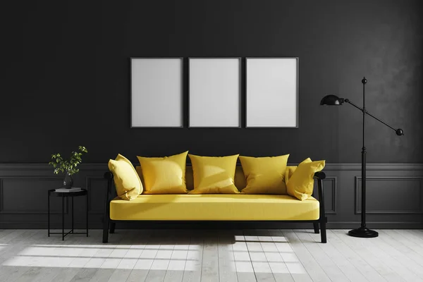 Attrappe Posterrahmen in dunklem Wohnzimmerinterieur, schwarze leere Wandattrappe, modernes Wohnzimmer mit gelbem Sofa und schwarzer Lampe und Tisch, Innenausstattung in hellen Farben, 3D-Rendering — Stockfoto