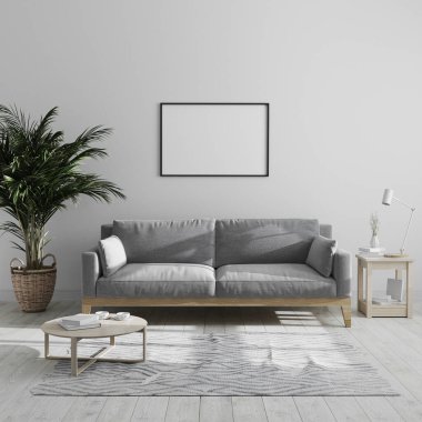 Boş yatay çerçeve, modern minimalist oturma odasında, gri kanepe ve palmiye ağacıyla, oturma odasının arka planıyla, gri tonlu oturma odasıyla, 3D renginde,