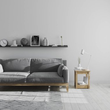 Gri oturma odasının iç kısmı, İskandinav tarzı oturma odası arka planı, gri kanepeli minimalist oda, 3D görüntüleme.