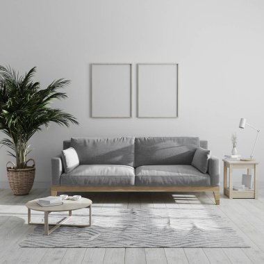 İki boş dikey ahşap poster çerçevesi modern minimalist oturma odasında gri kanepe ve palmiye ağacı, oturma odası iç fonu, İskandinav tarzı, 3D çizim