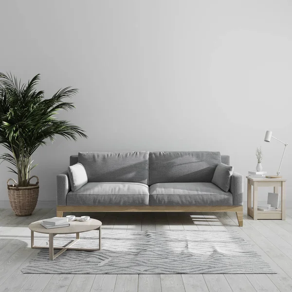 Modern minimalist oturma odasının içi gri kanepe ve palmiye ağacı, gri oturma odası arka planı, İskandinav tarzı, gri tonlu oturma odası, 3D görüntüleme
