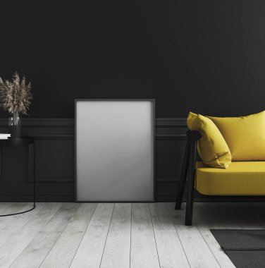 Boş dikey poster çerçevesi, siyah duvarlı, sarı kanepeli, beyaz ahşap zeminde duruyor. Lüks, zarif iç dekorasyonlu, boş bir çerçeve.