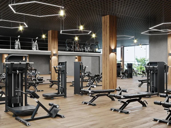 Spor ve fitness ekipmanlarıyla modern spor salonu, fitness merkezi iç mimarisi, Crossfit ve spor salonu, 3D görüntüleme