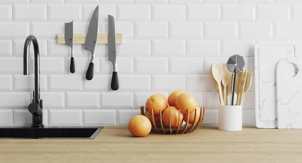 kitchen utensils gadgets near sink on wooden surface and white tiled wall, kitchenware in kitchen concept, spoons, knives, cutting board, modern home kitchen concept, 3d render