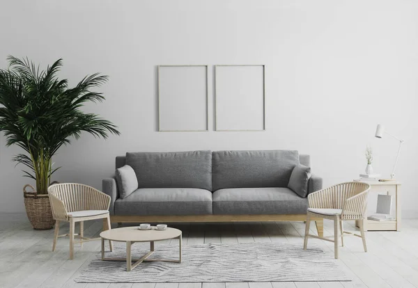灰色沙发 木制扶手椅 棕榈树和咖啡桌 北欧风格 3D渲染现代室内客厅背景的空白木制垂直画框 — 图库照片