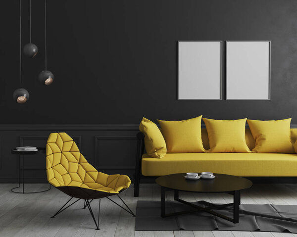Blank vertical poster frame mock up in Modern room interior background with black wall and stylish yellow sofa and design armchair near coffee table, elegant, luxury, 3d rendering