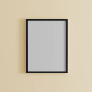 Açık turuncu duvardaki boş çerçeve, duvarda dikey siyah poster çerçevesi, duvarda izole edilmiş resim çerçevesi, resim veya fotoğraf çerçevesi için makara, parlak duvardaki boş çerçeve, 3d