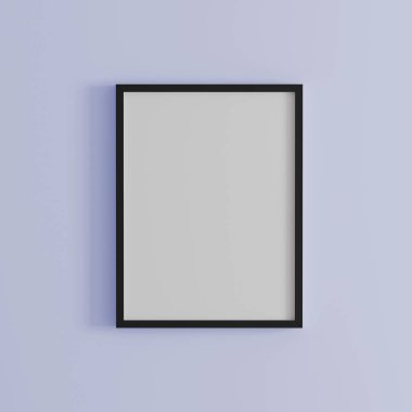 Açık mor duvardaki boş çerçeve, duvarda dikey siyah poster çerçevesi, duvarda izole edilmiş resim çerçevesi, resim veya fotoğraf çerçevesi için makara, parlak duvardaki boş çerçeve, 3d