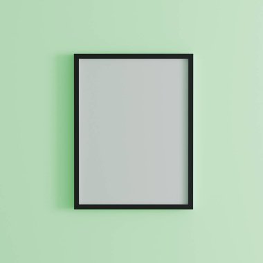 Açık yeşil duvardaki boş çerçeve, duvarda dikey siyah poster çerçevesi, duvarda izole edilmiş resim çerçevesi, resim veya fotoğraf çerçevesi için makara, parlak duvardaki boş çerçeve, 3d