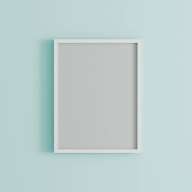 Açık mavi duvardaki boş çerçeve, duvardaki dikey siyah poster çerçevesi, duvardaki izole resim çerçevesi, resim ya da fotoğraf çerçevesi için maket, parlak duvardaki boş çerçeve, 3d