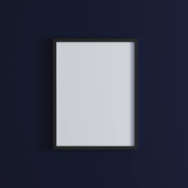 Koyu mavi duvardaki boş çerçeve, duvardaki dikey siyah poster çerçevesi, duvardaki izole resim çerçevesi, resim veya fotoğraf çerçevesi için modelleme, parlak duvardaki boş çerçeve, 3d oluşturma