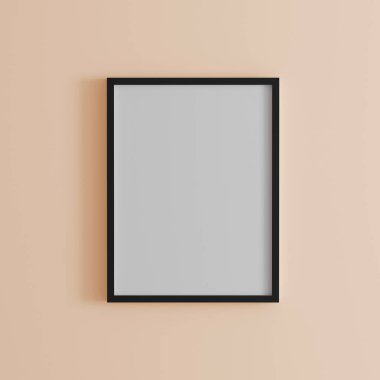 Mercan duvarındaki boş çerçeve, duvardaki dikey siyah poster çerçevesi, duvardaki izole resim çerçevesi, resim veya fotoğraf çerçevesi için makara, parlak duvardaki boş çerçeve, 3d